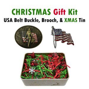 Cowgirl Belt Buckle and USA Flag Brooch Christmas Tin Set Western Buckles Rodeo